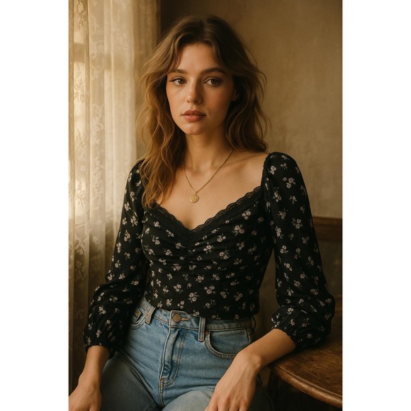 Vintage BP Floral Lace Ruched Sweetheart Long Sleeve Top Black XL Romantic Core - Picture 2 of 8